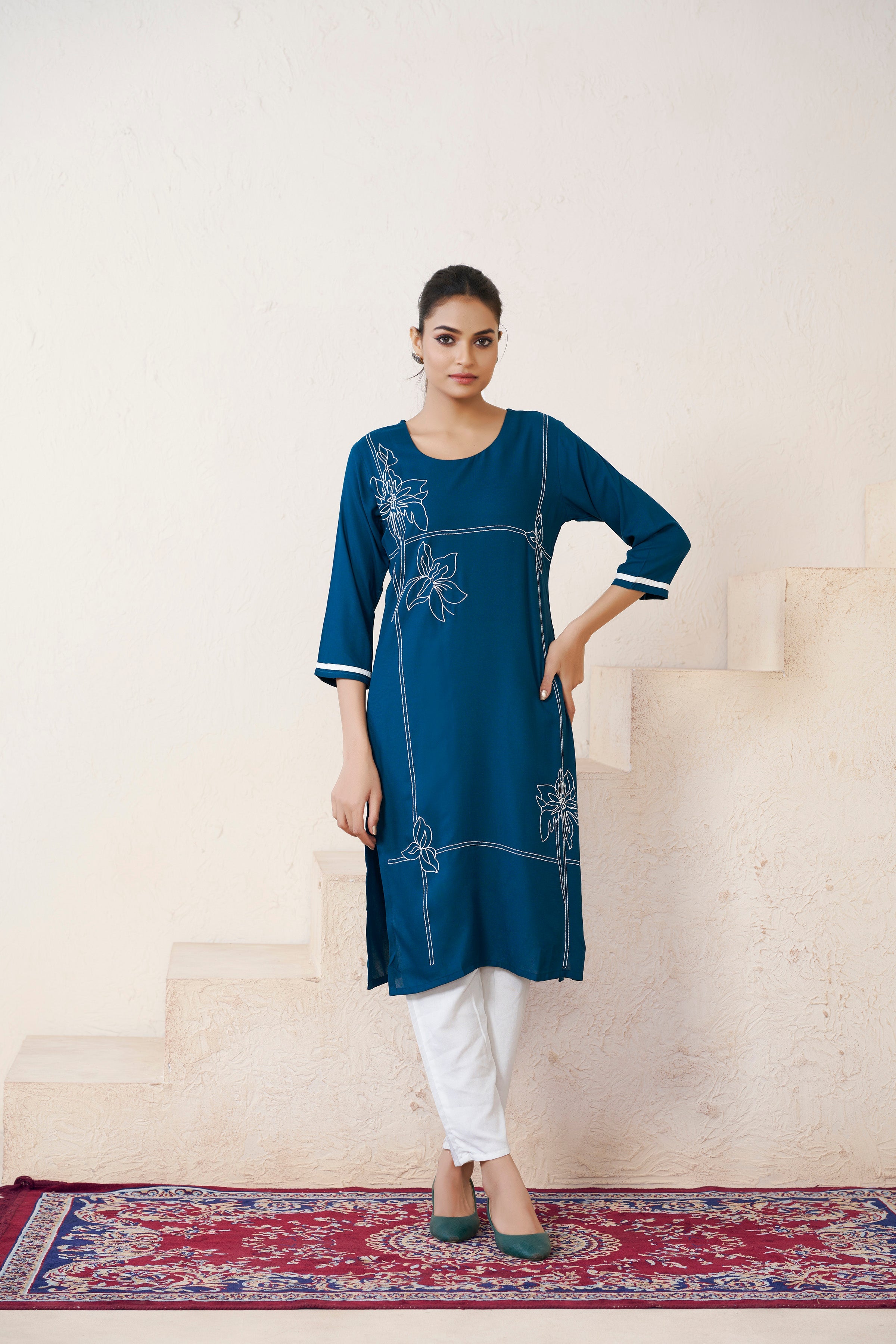 Rama Viscose Rayon Kurti with Thread Work and 3/4 Sleeves with Stylish Neckline